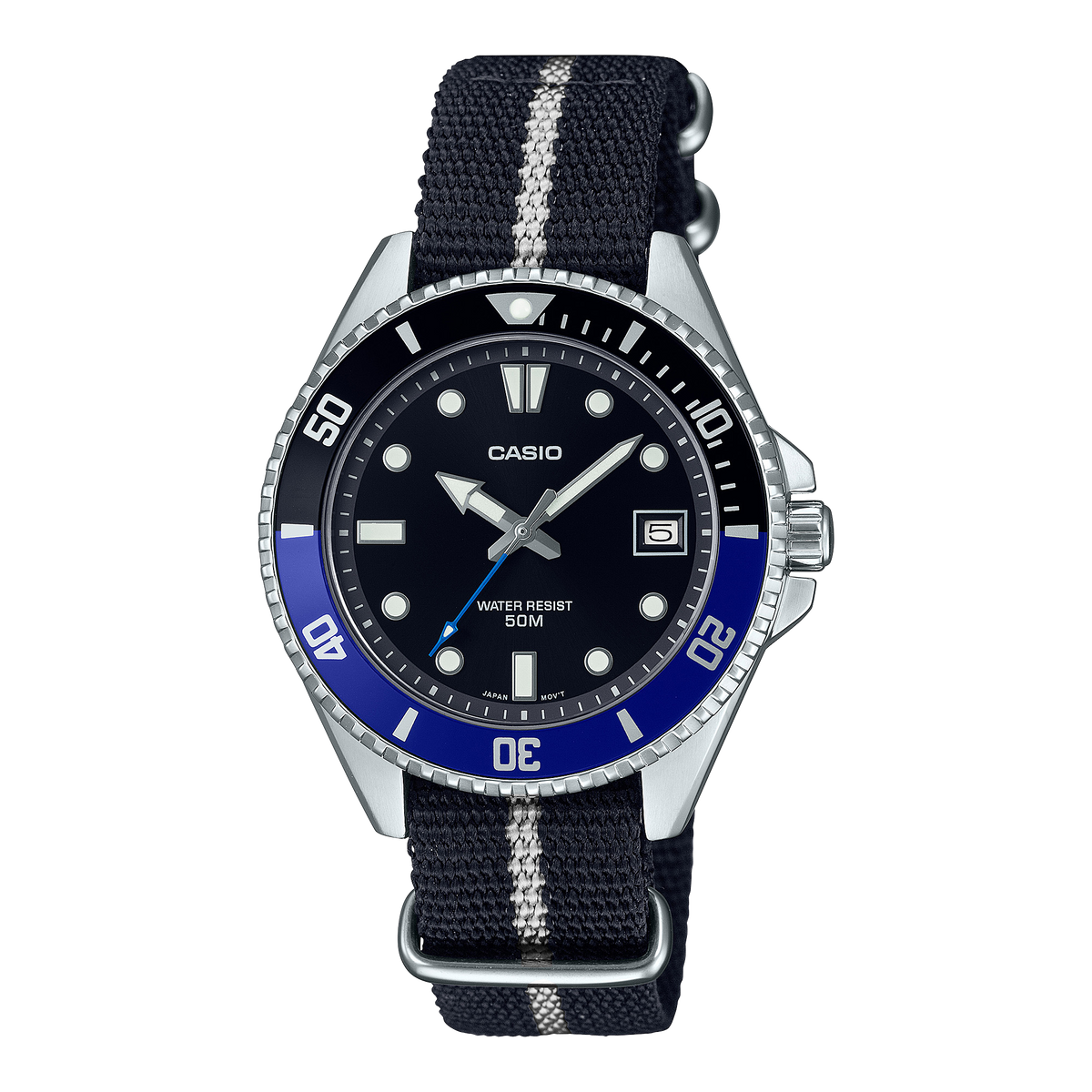 Casio Mini Duro MDV-10C – Stoffarmband · Schwarz/Blau · Band Schwarz/Weiß · MDV-10C-1A2VEF – Vorderseite