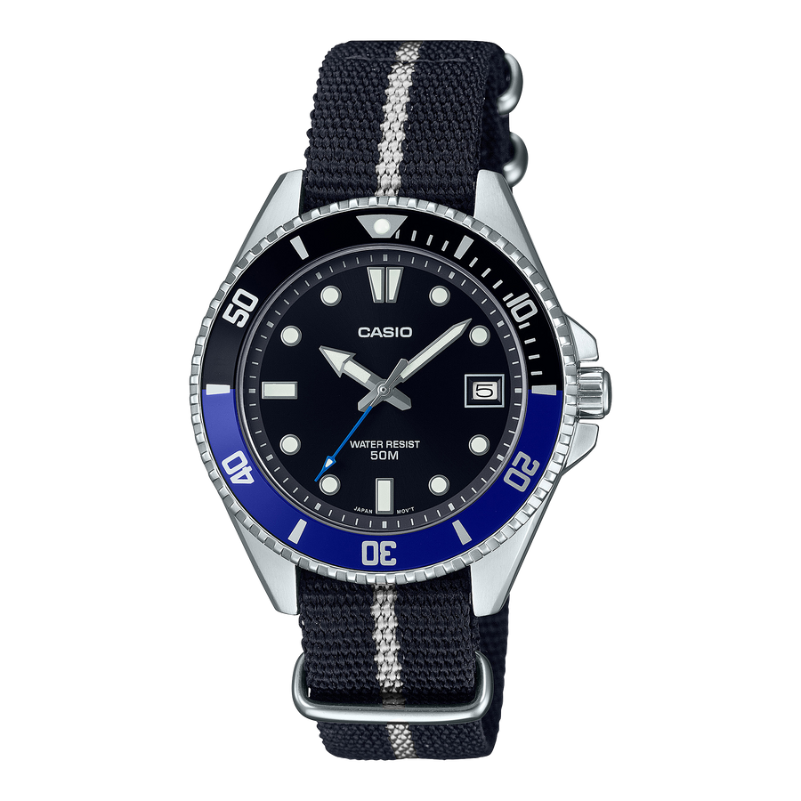 Casio Mini Duro MDV-10C – Stoffarmband · Schwarz/Blau · Band Schwarz/Weiß · MDV-10C-1A2VEF – Vorderseite