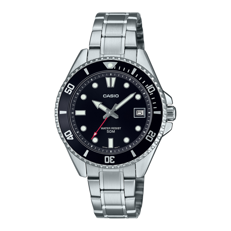 Casio Mini Duro MDV-10D – Edelstahlarmband · Schwarz · MDV-10D-1A1VEF – Vorderseite