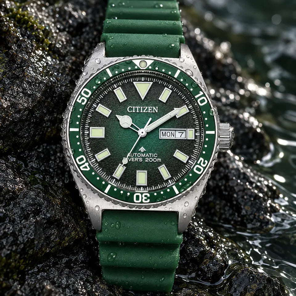 Citizen Promaster NY0121-09XC mit grünem Urethanband auf nassem Basalt
