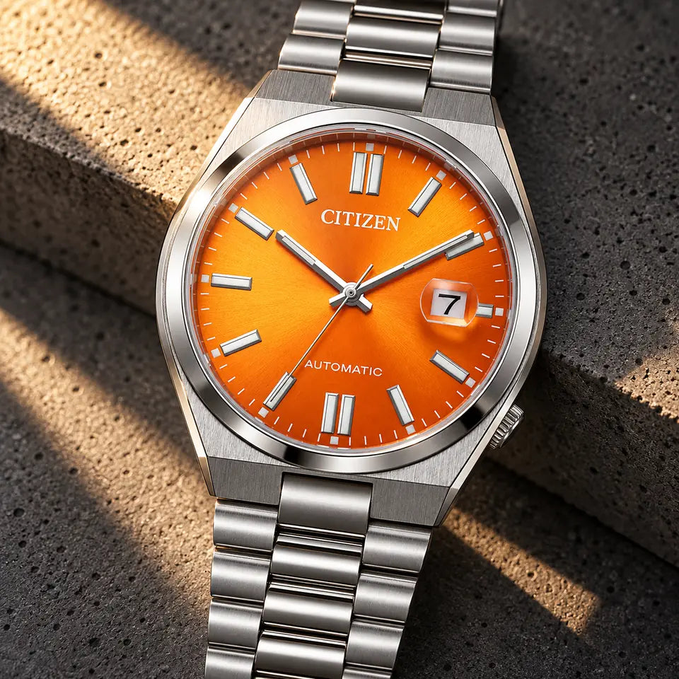 Citizen TSUYOSA NJ0151-88Z mit orangefarbenem Zifferblatt auf dunklem Beton